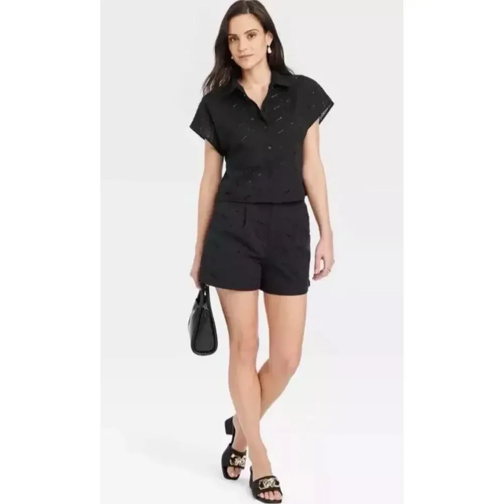 A New Day Women's High-Rise Pleated Eyelet‎ Cotton Short Black Size 8 Cottage